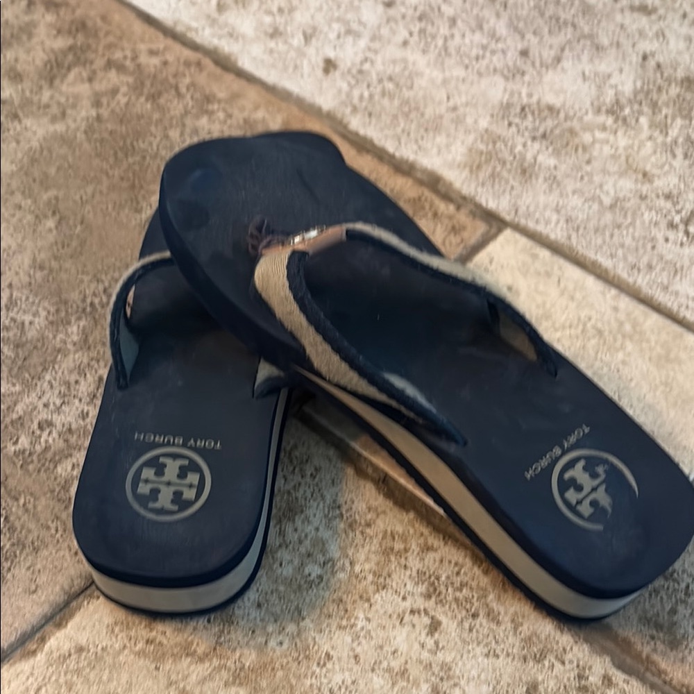 Tory Burch Navy and Cream Flip Flops
